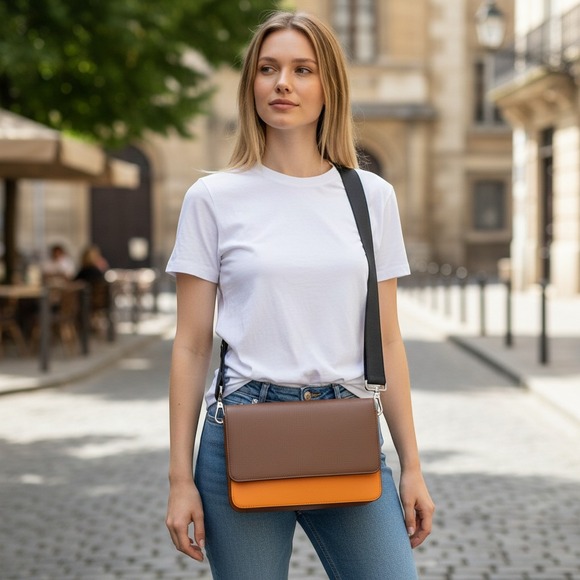 Hyer Goods Handbags - Hyer Goods Colorblock Leather Crossbody Bag Brown Orange Black Flap Messenger